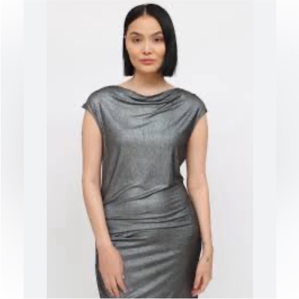 Halston Metallic Black Silver Ruched Dress Small NEW